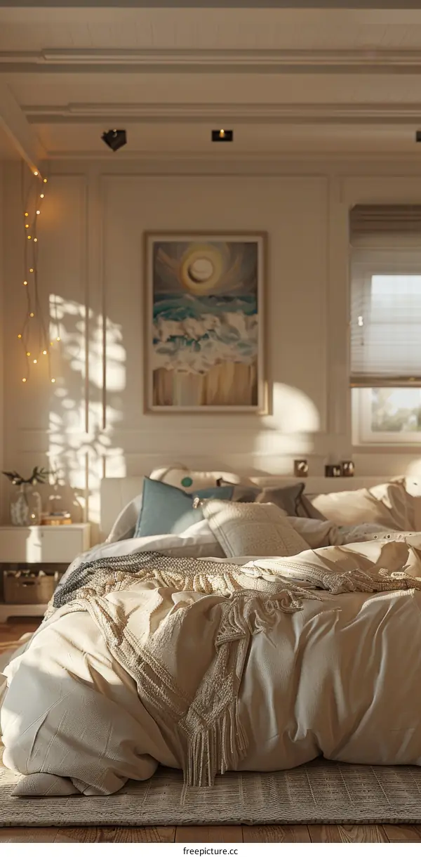 Beige Bedroom with Bohemian Decor and Sunlight