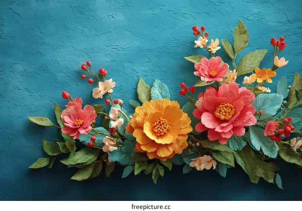 Colorful Paper Flower Arrangement on Teal Background
