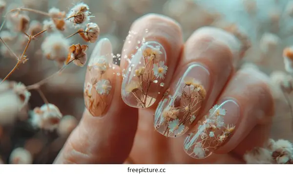 Dried flowers encased in transparent nail polish on a person's hand