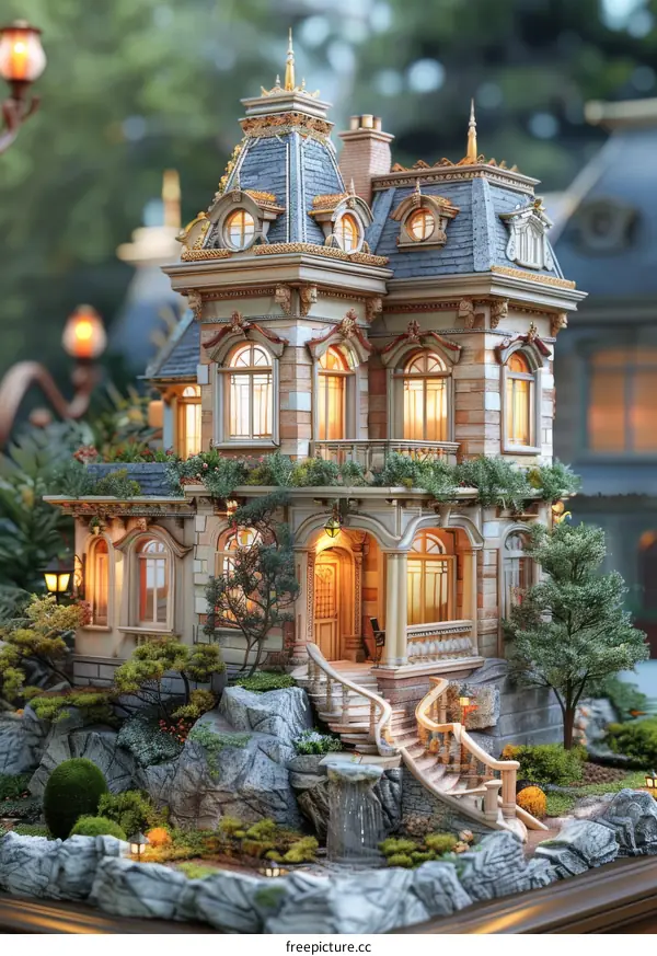 Miniature House Model With Green Plants And A Waterfall