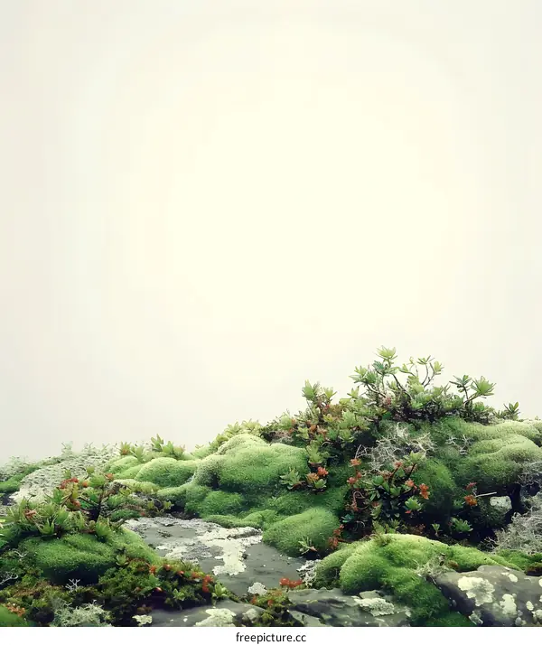 Green Moss Covered Rocks in a Foggy Landscape
