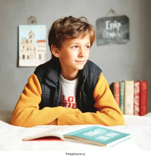 A Young Boy Relaxing at Home with a Book