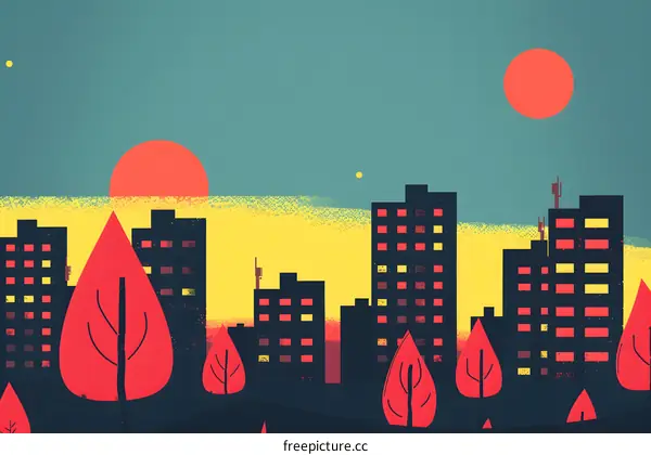 Sunset Cityscape with Flat Design and Red Trees