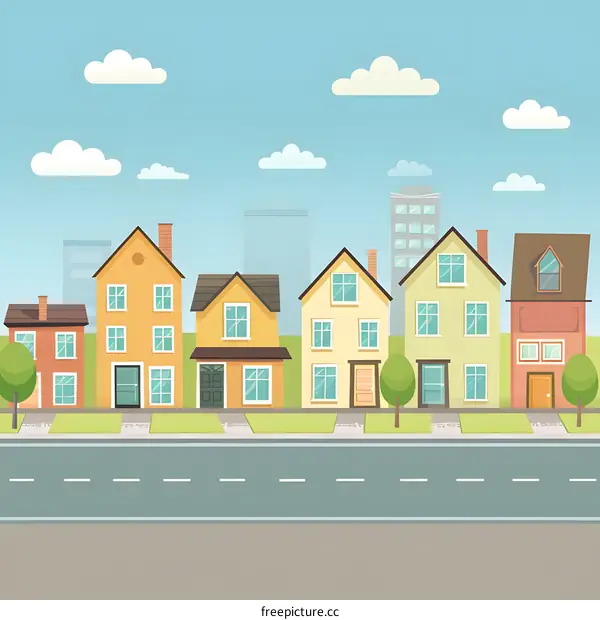 Cartoon Illustration of a Residential Street with Houses and Trees