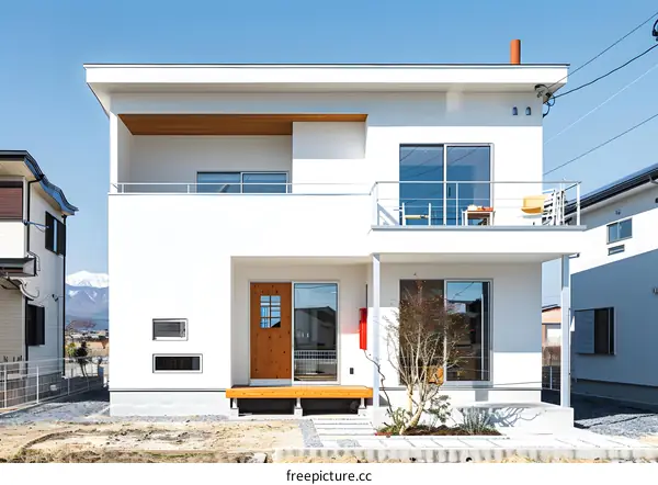 Modern White House with Wooden Details and Balcony