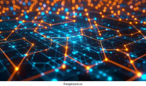 Abstract futuristic illustration of a digital circuit board with glowing orange and blue lights.