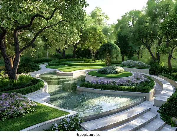 A beautiful garden with a pond, trees, and flowers