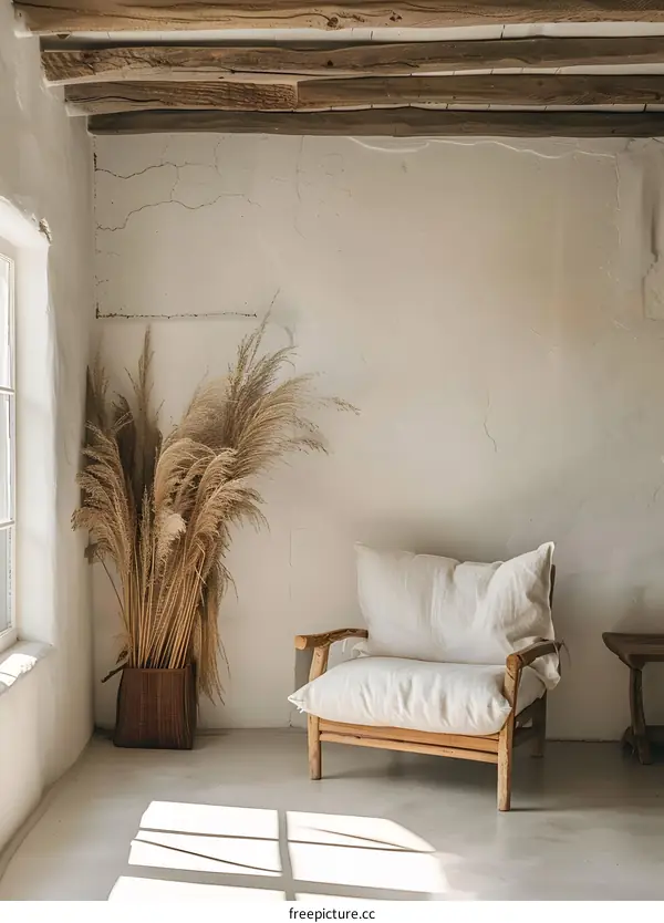 Minimalist Interior Design with Wooden Chair and Pampas Grass