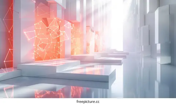 Futuristic empty room with glowing red polygonal structure