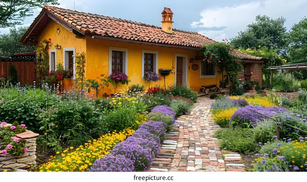 A beautiful garden with a stone path leading to a yellow house