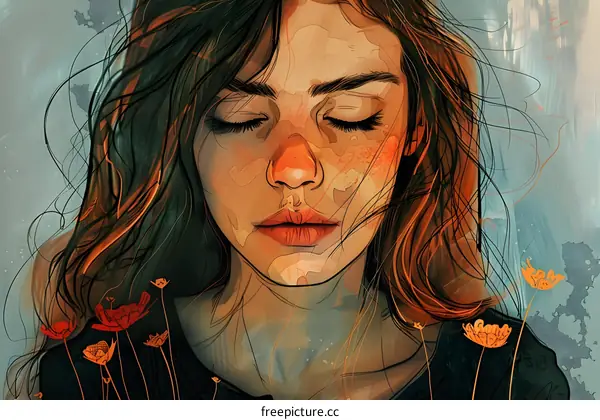 Beautiful Woman with Closed Eyes and Flowers