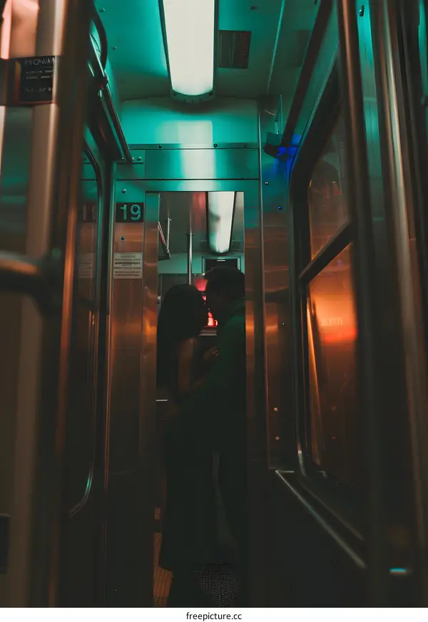 Couple Embracing on Train in Neon Light