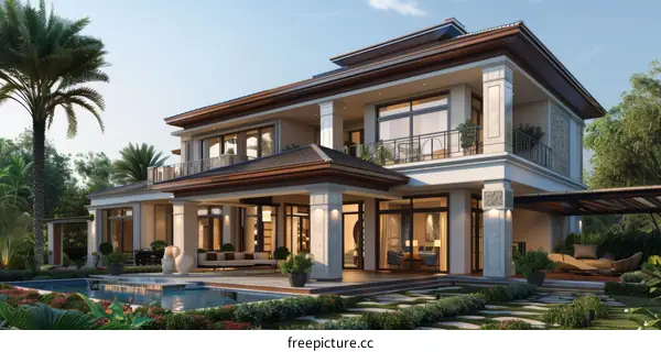 A beautiful house with a pool and a garden