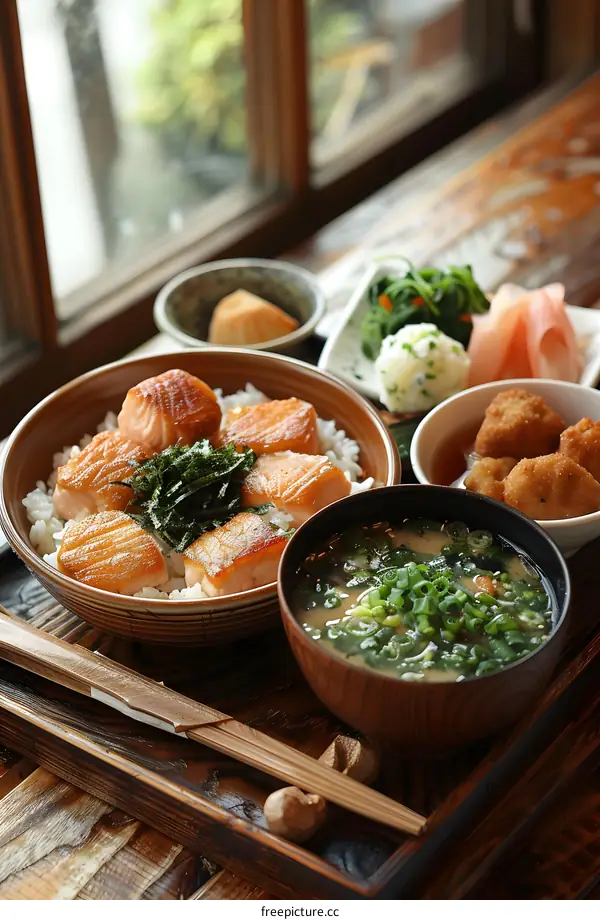 A delicious Japanese meal with grilled salmon, rice, and miso soup