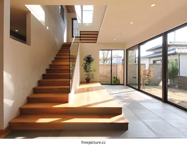Modern Home Interior Design with Wooden Stairs and Glass Railing
