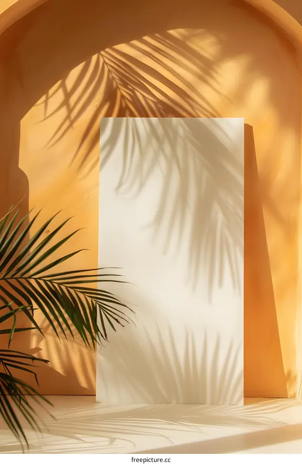 White Blank Canvas With Palm Leaves Shadow On Yellow Background