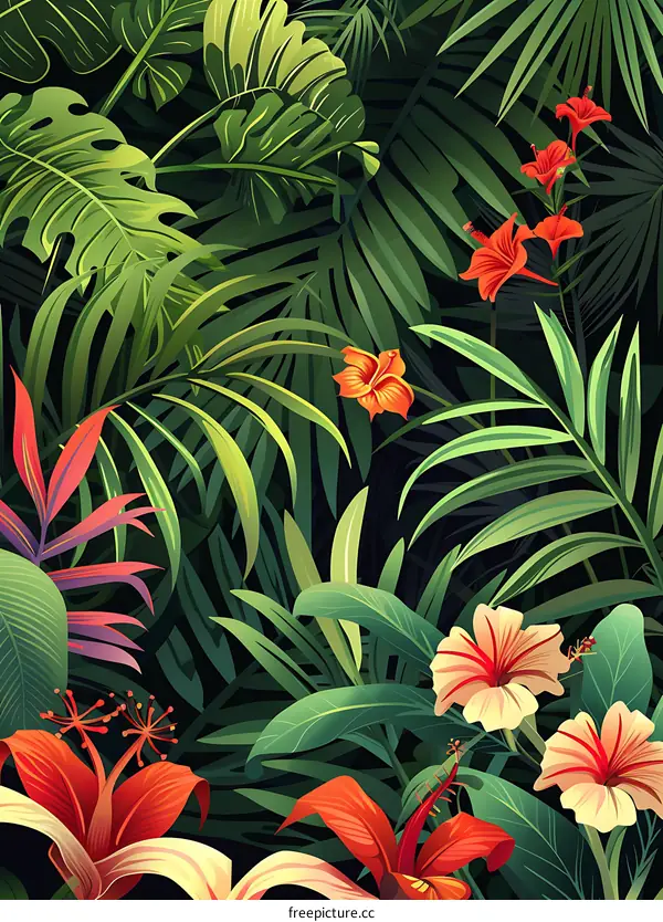 Tropical Leaves and Flowers Background Illustration