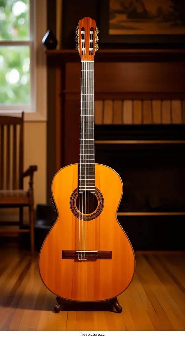 A classical guitar is displayed on a wooden floor in a home setting