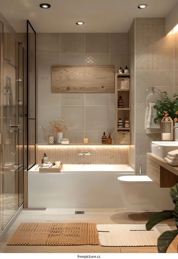 Bathroom design in IKEA style, including bathtub, shower, vanity and storage shelves
