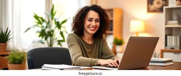 Happy Woman Working on Laptop at Home Office