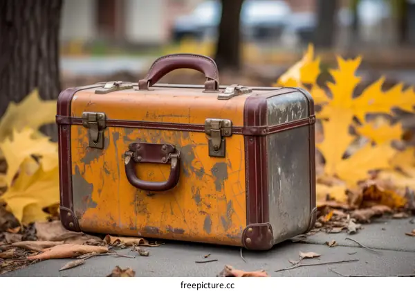 Vintage suitcase beside fallen leaves on the sidewalk