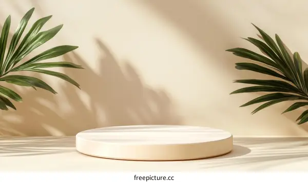 Minimalist Beige Display Podium with Tropical Leaves