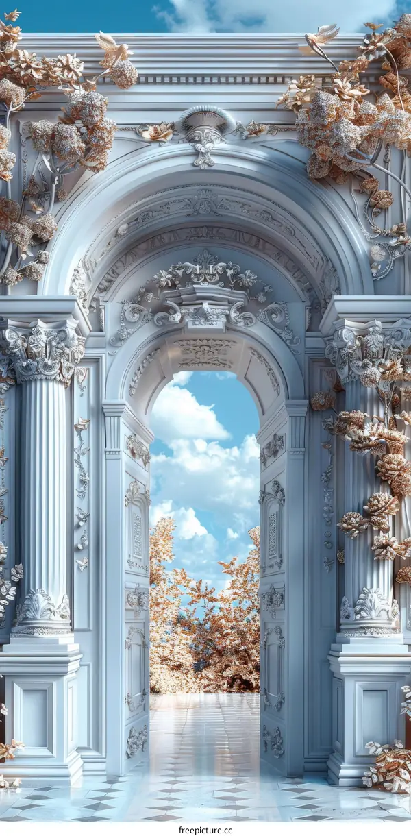 Ornate White Marble Archway with Gold Accents and Blue Sky Background