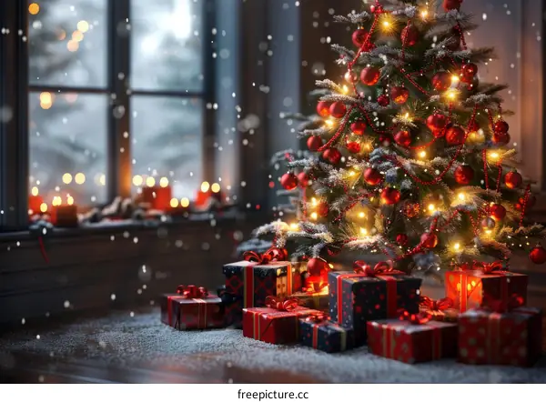 Christmas Tree Decorated with Red Ornaments and Presents