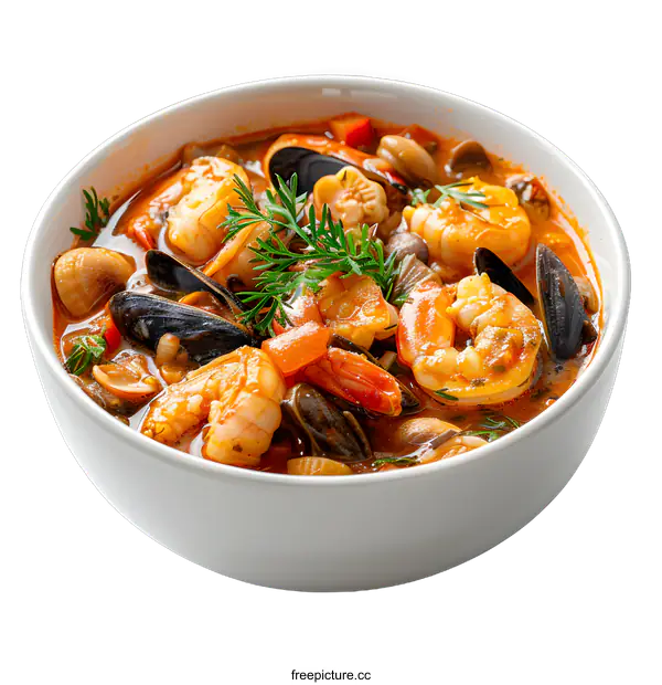 [Transparent Background PNG]Seafood soup with shrimps mussels and clams in white bowl