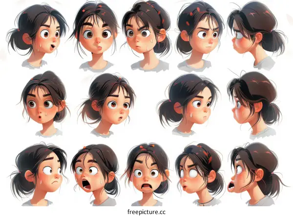 A collection of cartoon girl facial expressions