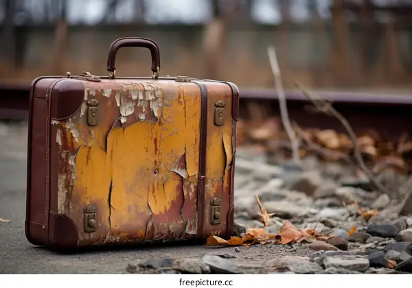 weathered suitcase sits on railroad tracks