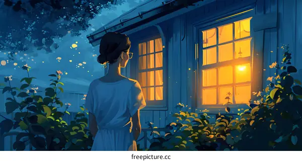 Woman Standing Outside a House at Night