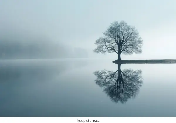 A Solitary Tree In The Center Of A Still Lake