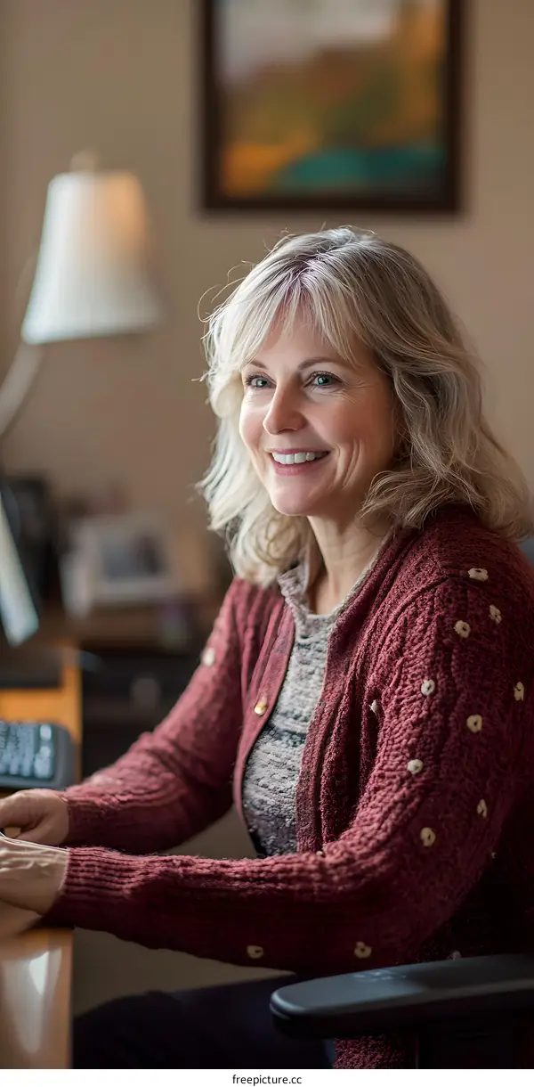 Smiling Woman Sitting At Desk With Computer