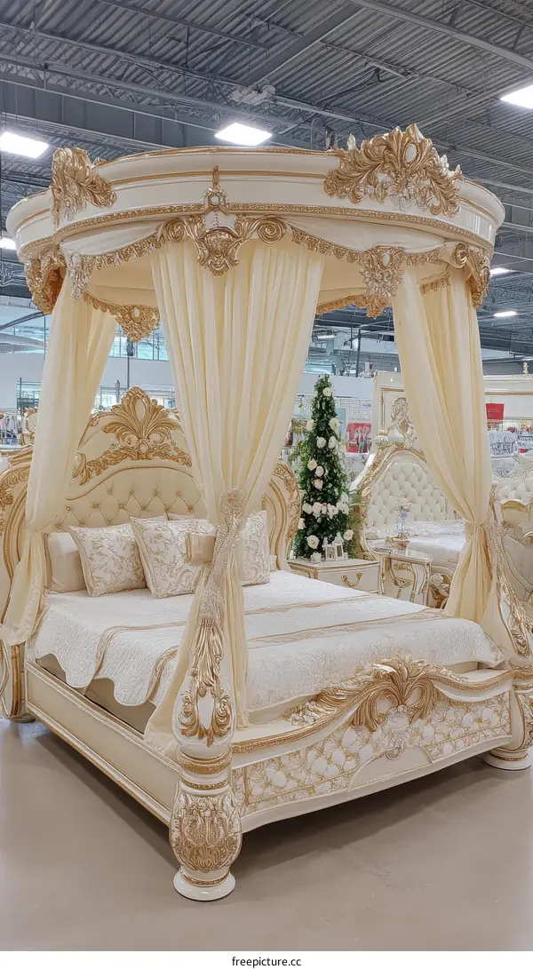 Ornate Cream and Gold Canopy Bed