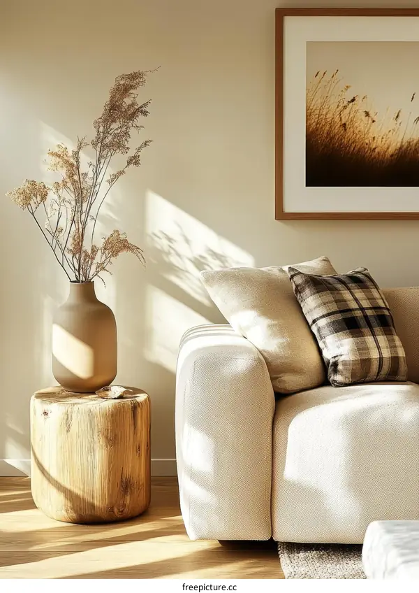 Beige Living Room Interior with Wooden Side Table and Dried Flowers