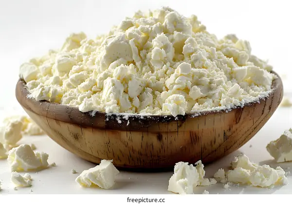 A wooden bowl filled with crumbled white cheese