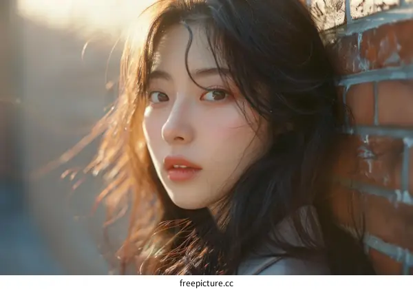 A Stunning Asian Model Stands in Front of a Brick Wall