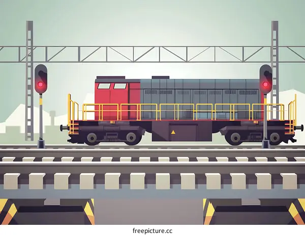 Red Train on Tracks with Signal Light