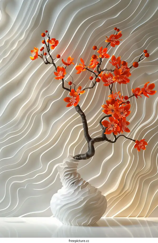 Abstract Floral Vase Arrangement with Wavy Background