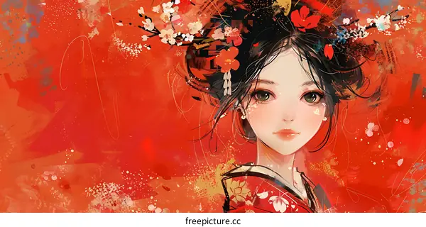 An Asian woman in a red kimono with cherry blossoms in her hair