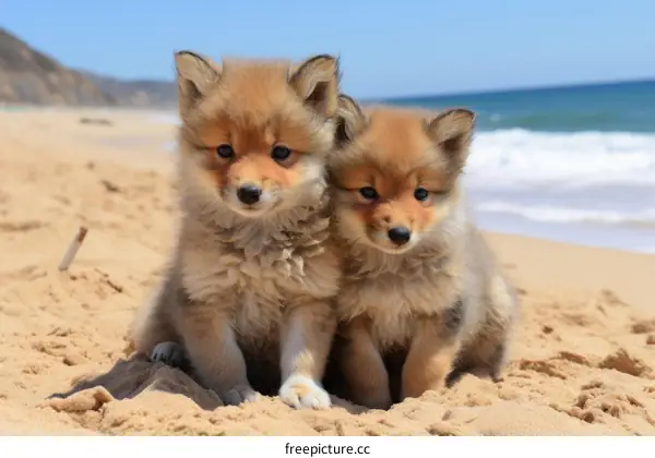 Two Adorable Pomeranian Puppies on the Beach