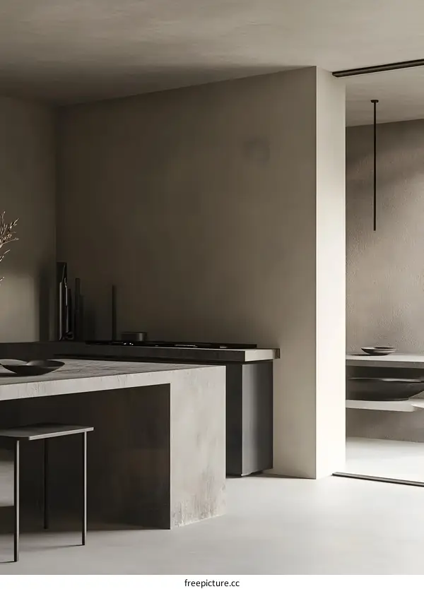 Minimalist Kitchen Interior Design With Concrete Countertop And Island