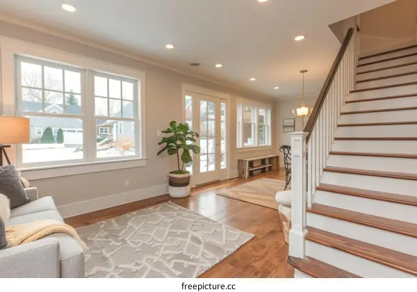 Staircase And Living Room With Hardwood Floors And White Trim
