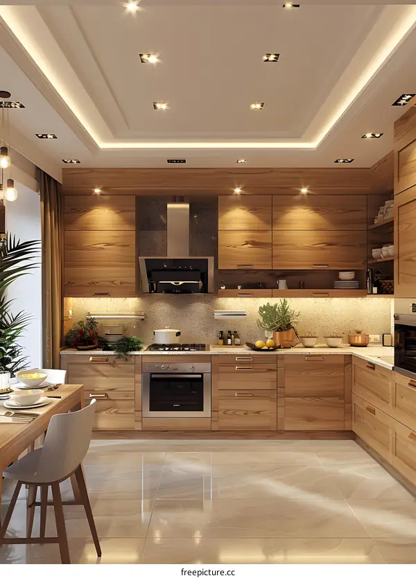 A wooden kitchen with a large island and a dining table