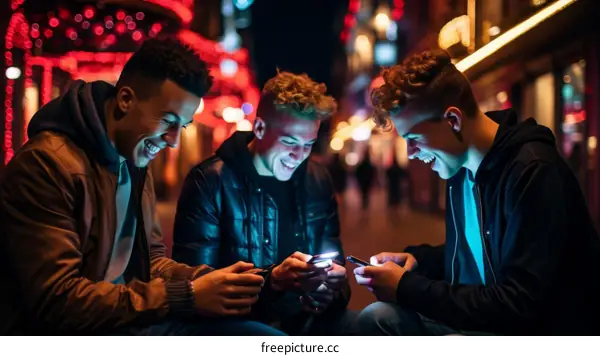 Three young friends laughing while looking at their phones at night in the city lights