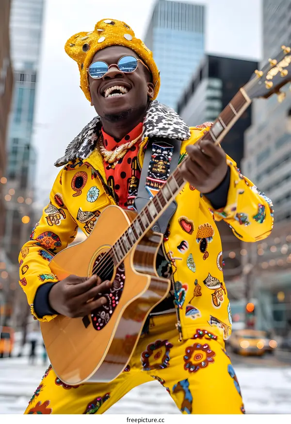 Man in Yellow Suit Playing Guitar in City