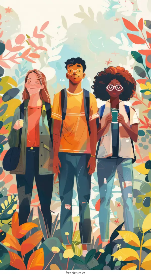 Three Friends Stroll Through a Garden