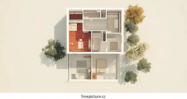 Modern House Plan with Floor Plan and Trees
