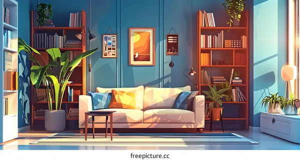Modern Living Room with Bookshelves, Plants and Sofa